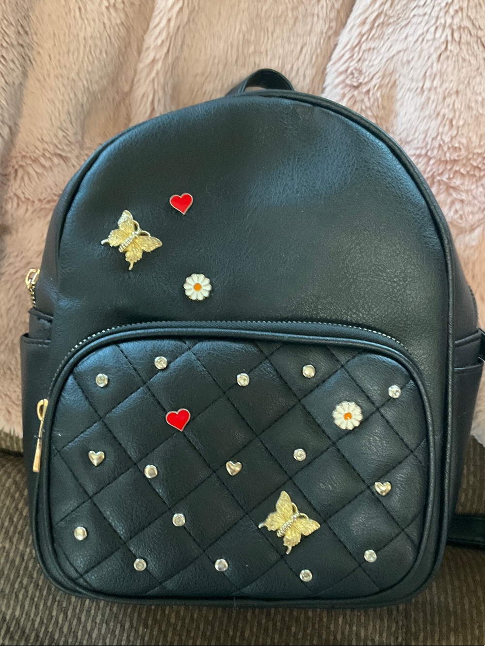 Under One Sky Black Quilted Mini Backpack with Hearts, Butterflies & Daisies